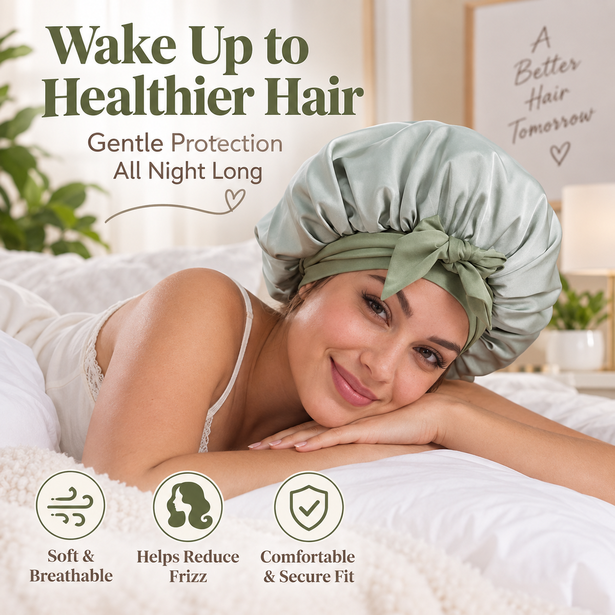 Green Satin Sleep Hair Bonnet- 2 Pcs
