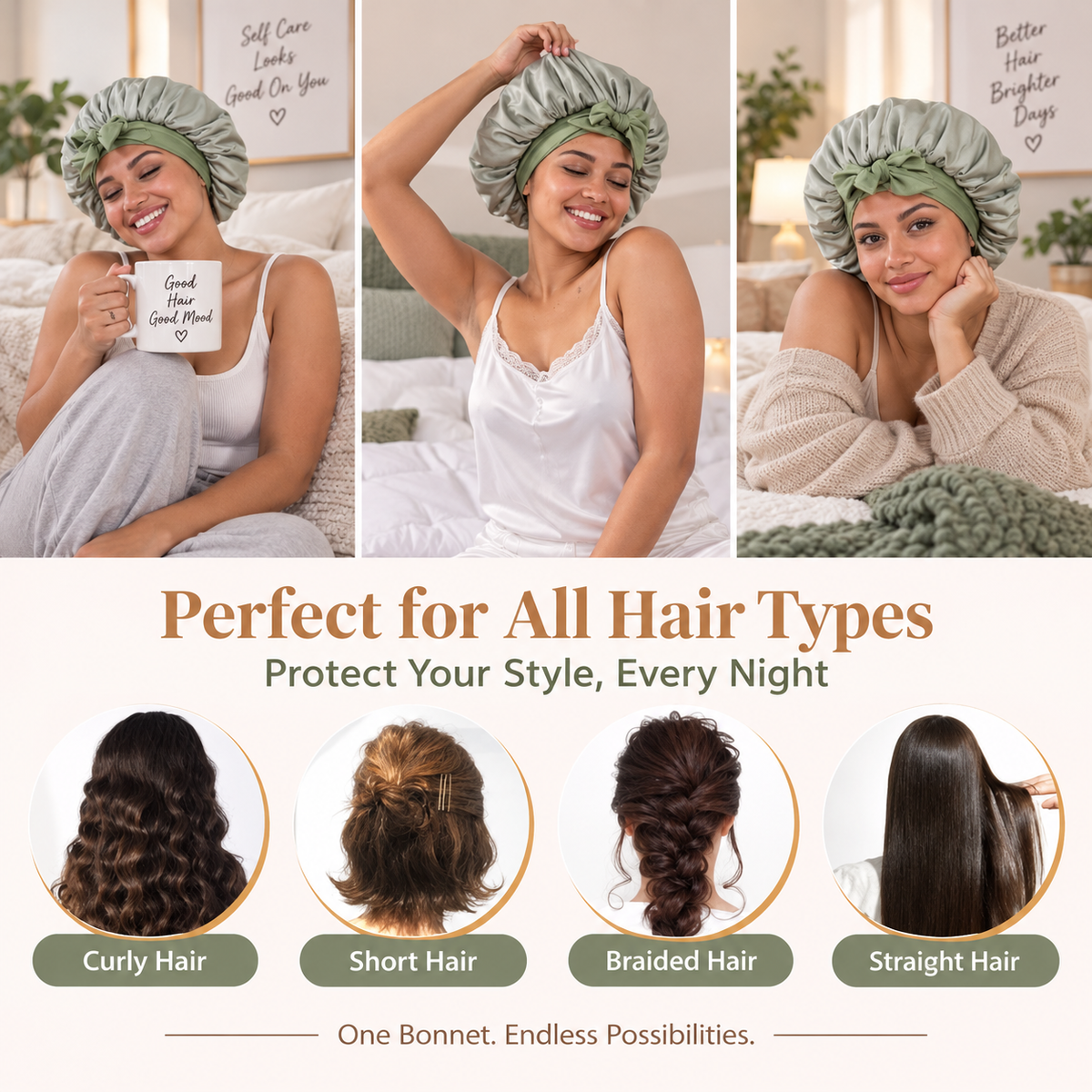Green Satin Sleep Hair Bonnet- 2 Pcs