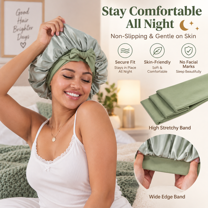 Green Satin Sleep Hair Bonnet- 2 Pcs
