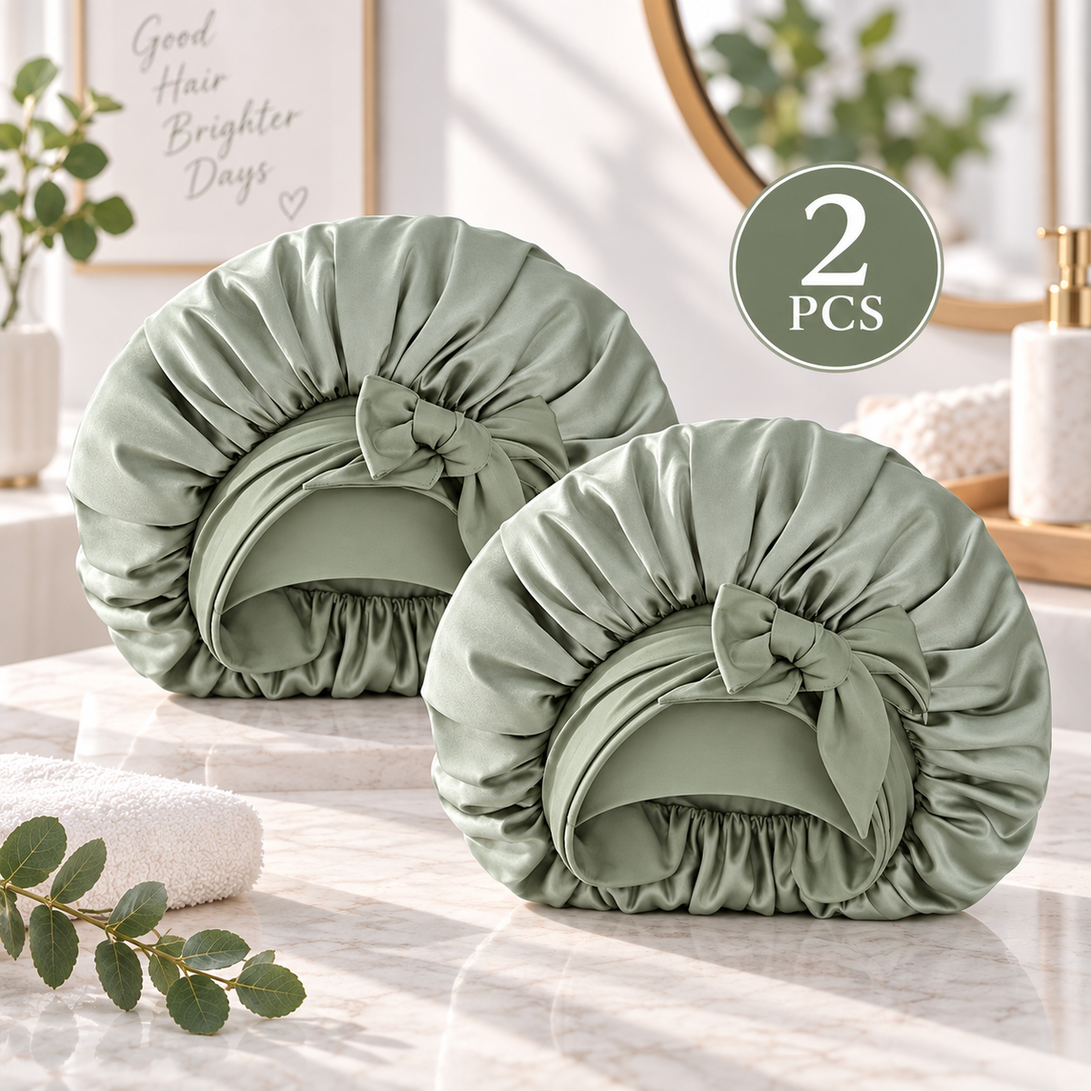 Green Satin Sleep Hair Bonnet- 2 Pcs